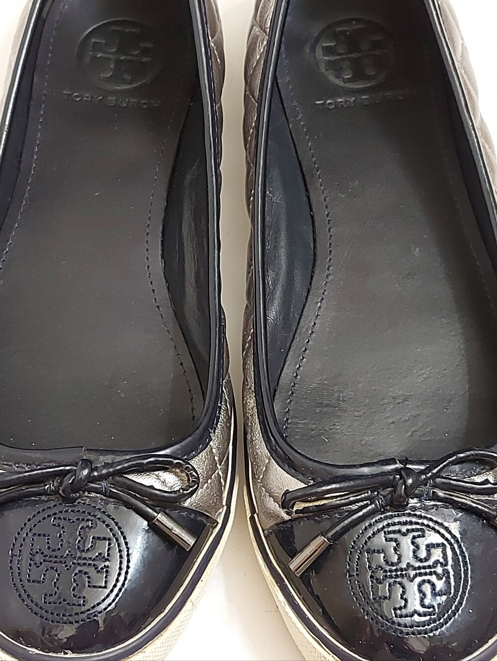 Tory Burch Black Quilted Metallic-Trim Ballet Flats